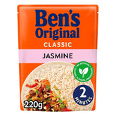 A 220g pack of Bens Original Classic Jasmine Microwave Rice, ready in 2 minutes with serving suggestion, contains no artificial colours, flavours, or preservatives.